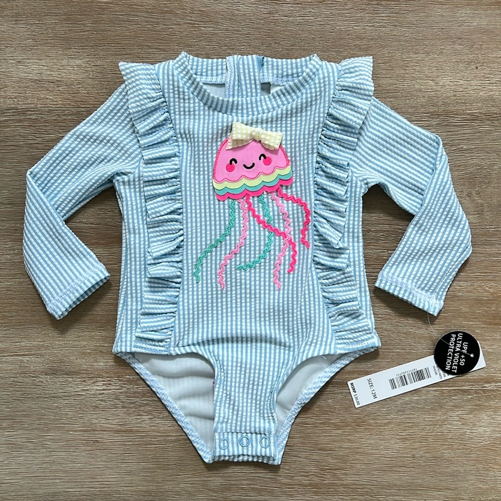 Nicole Miller Girl Seersucker Bow Rash guard One Piece Swimsuit 12 18 months